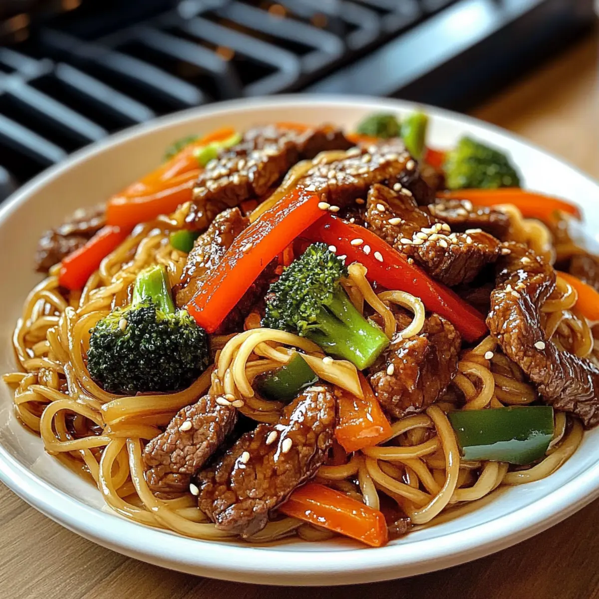 Rice noodles with beef, soy sauce and vegetables