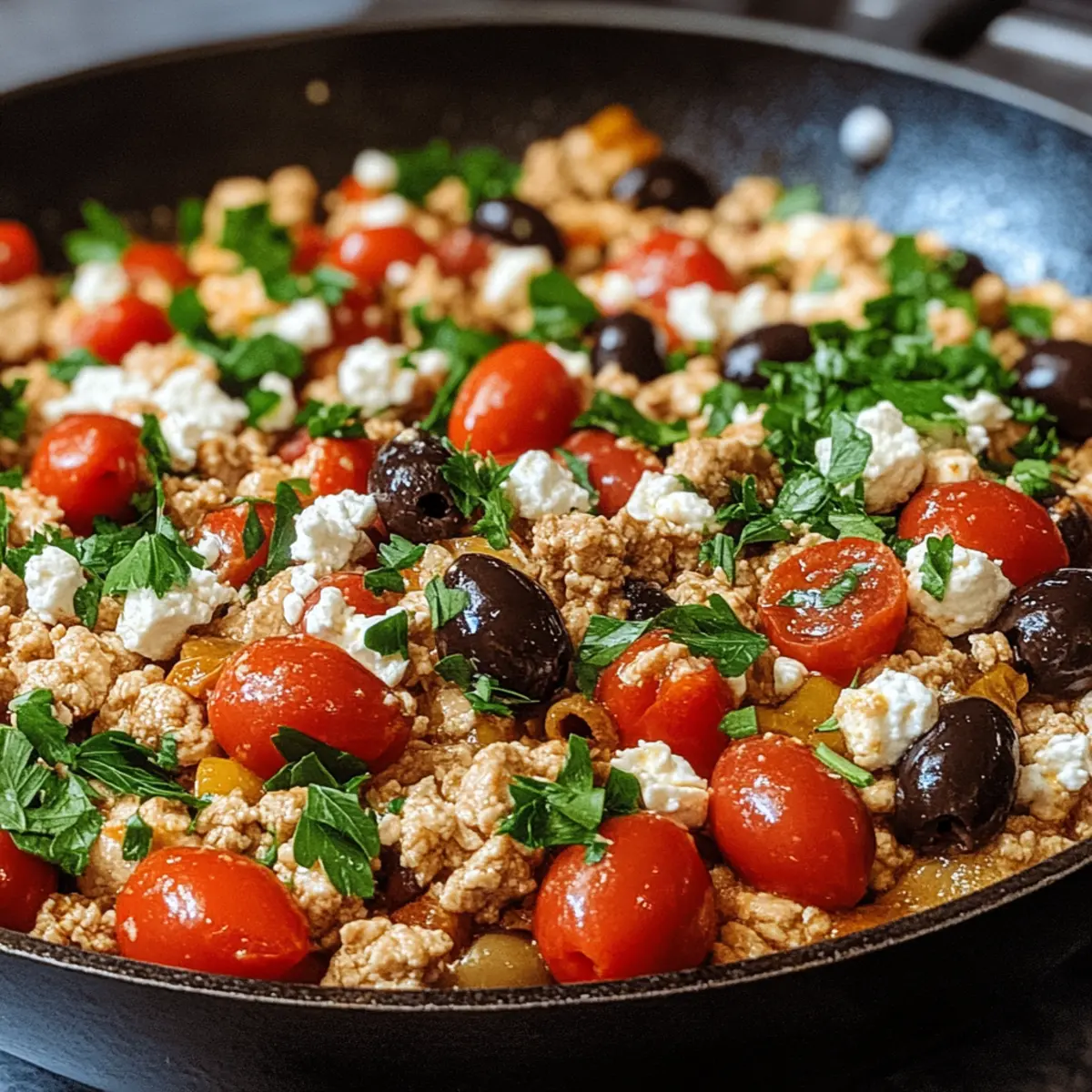 Mittelmeer Keto Hackfleisch-Pfanne mit Oliven und Feta Rezept