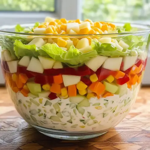 Vegetarian layered salad with iceberg lettuce: creamy & crunchy