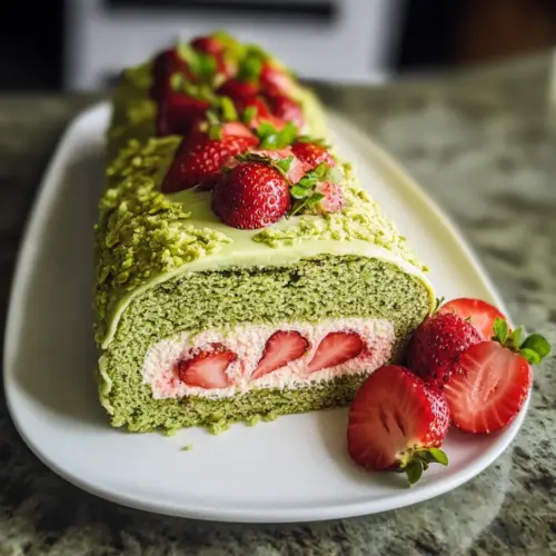 Cremige Erdbeer-Pistazien Biskuit Rolle – ohne Mehl