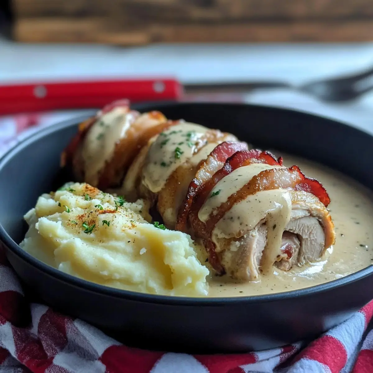 Turkey rolls wrapped in bacon with cream cheese sauce and mashed potatoes