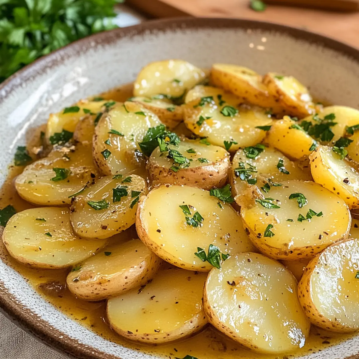 Kartoffelsalat bayerisch, mit Brühe, Senf und brauner Butter