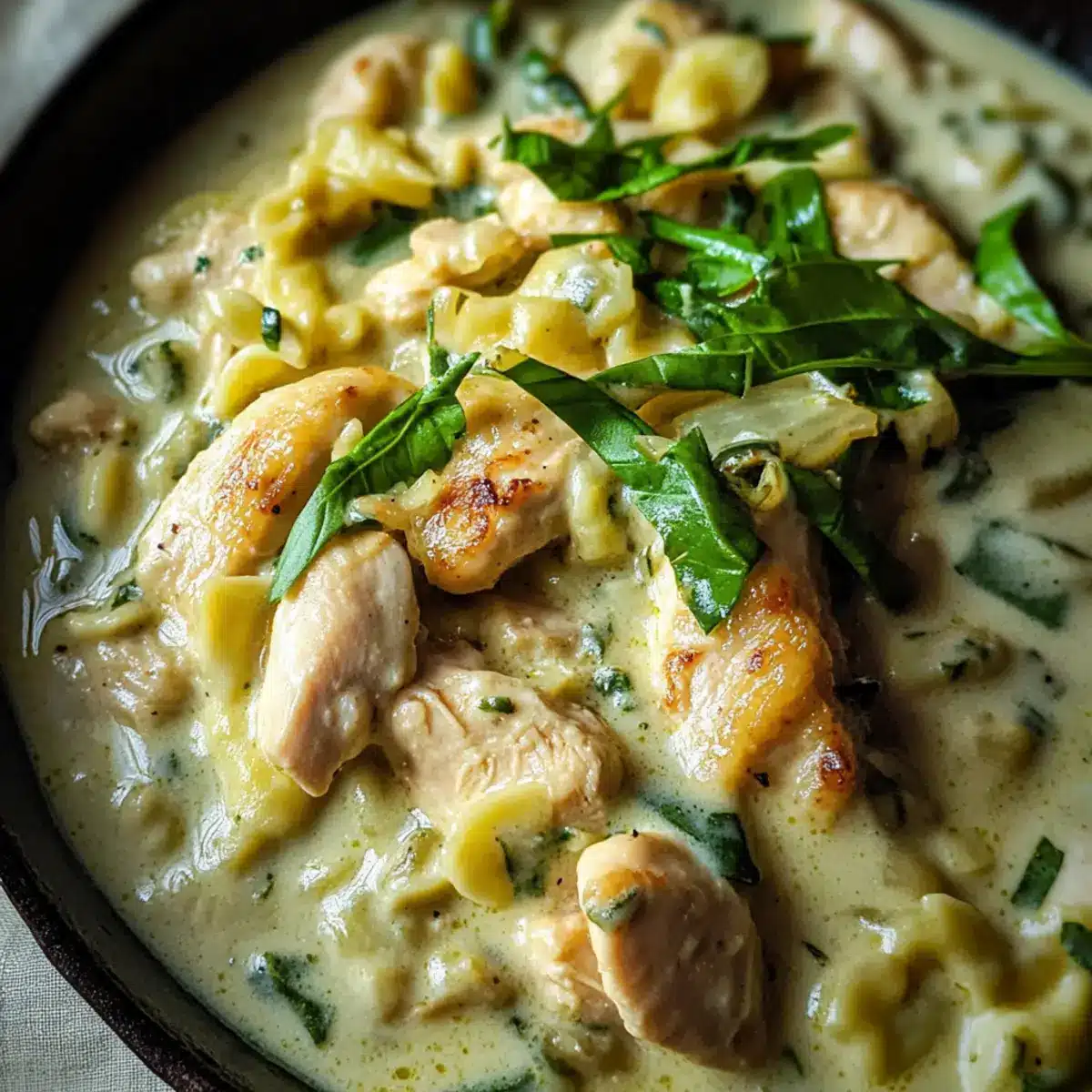 Spätzle Pfanne mit Hähnchen in Bärlauchrahm