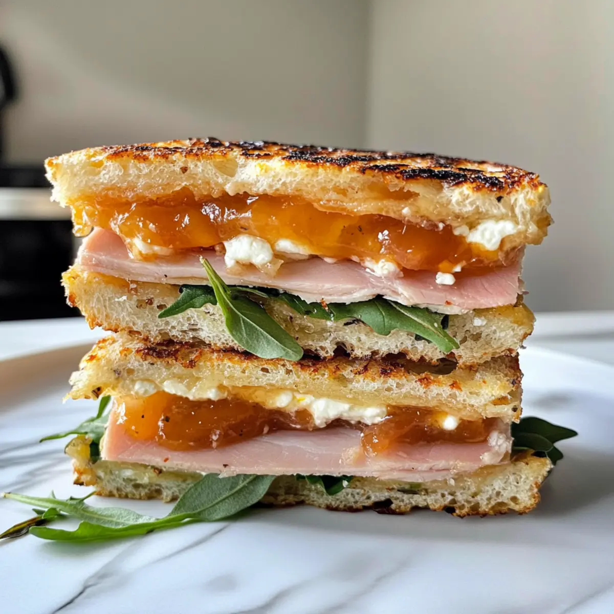 Ziegenkäse und Schinken Focaccia Sandwich mit Aprikosenmarmelade