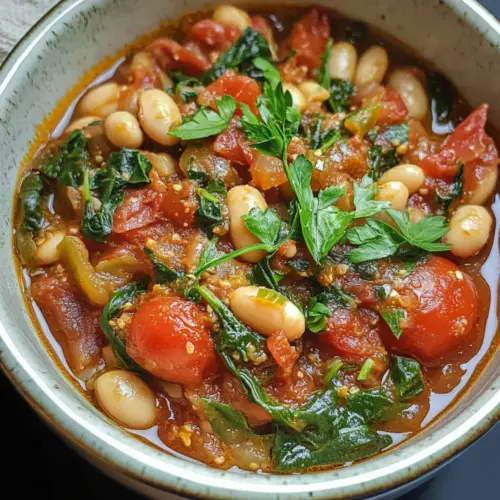 Geröstete Tomaten-, weiße Bohnen- und Spinat-Eintopf