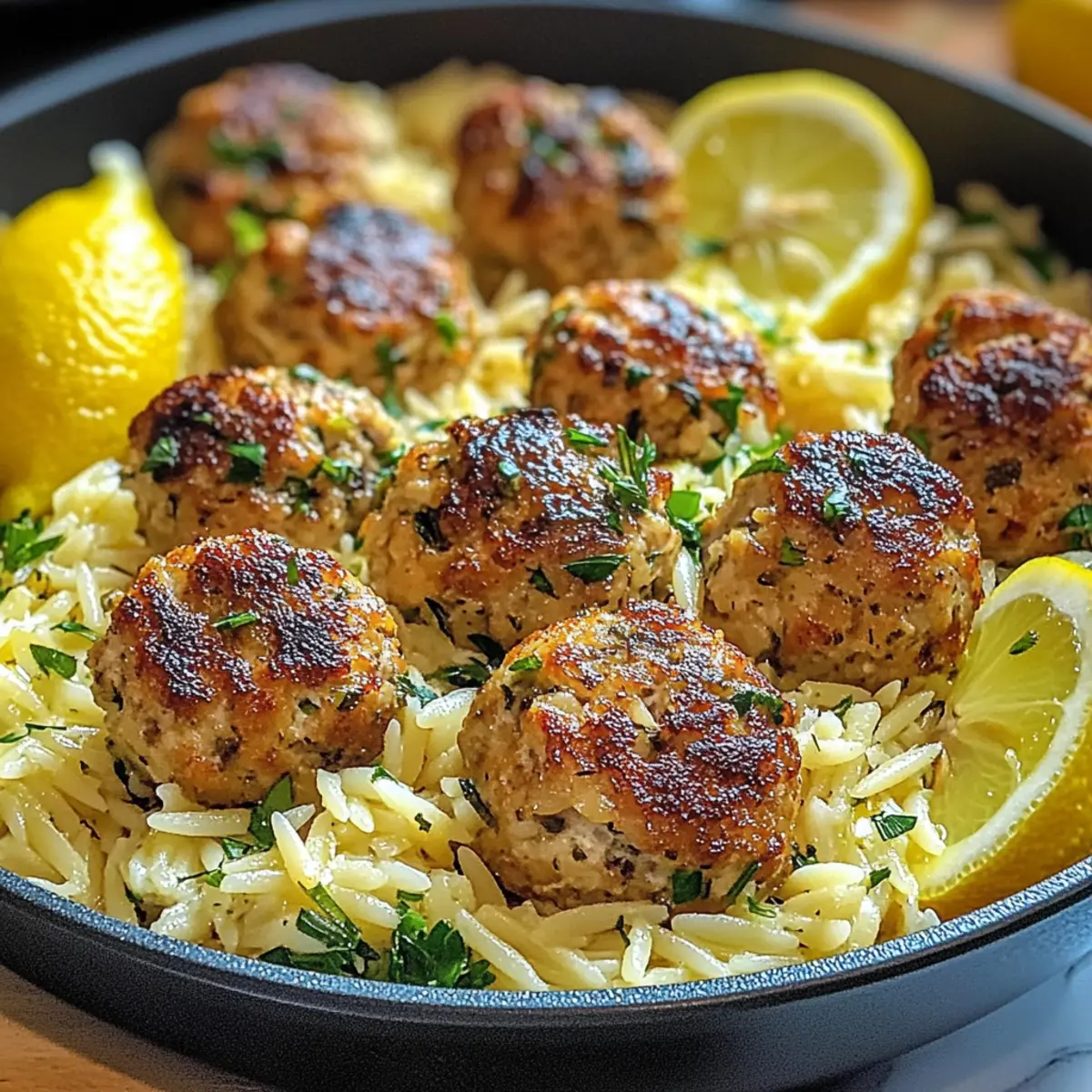 Griechische Hähnchenfrikadellen mit Zitronen-Orzo