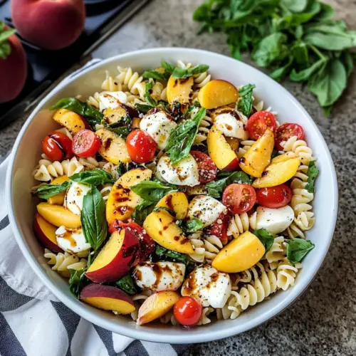 Pfirsich Caprese Nudelsalat